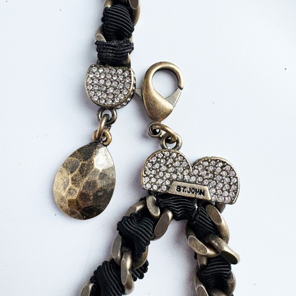 St John Chain Belt Black Ribbon and Bronze Metal Chain Rhinestones OSFM Vintage main image 6